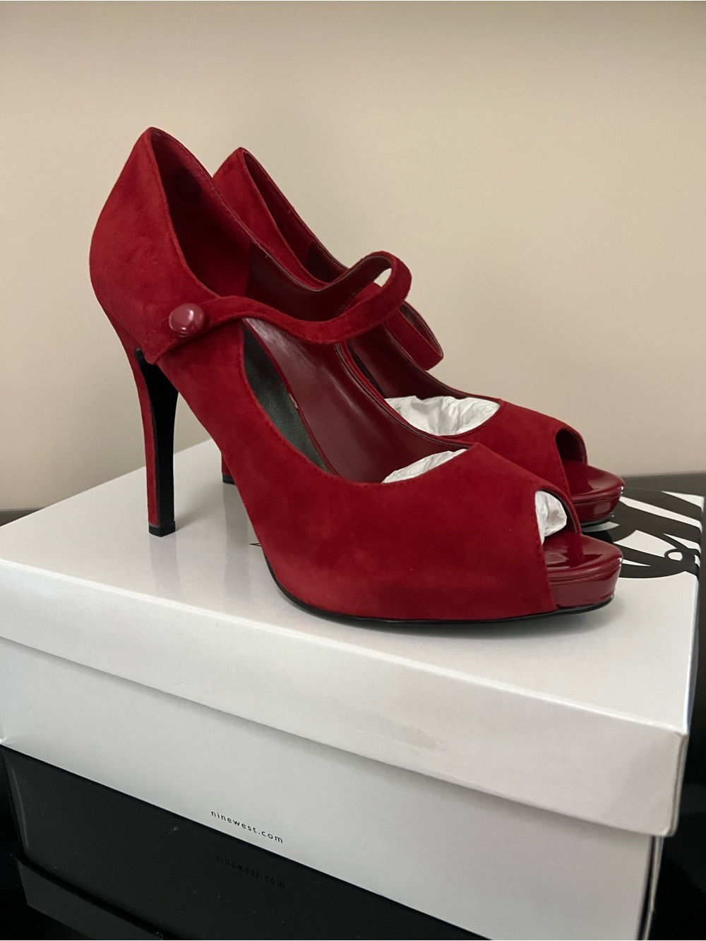 Nine West Red Suede Peep-Toe Mary Jane High Heels